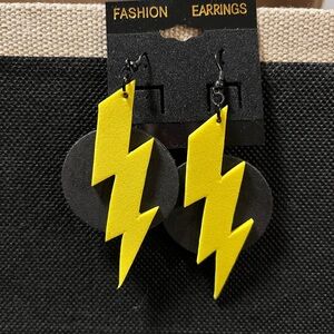 Yellow Lightning Bolt Drop Earrings with Black Circle - Fashion